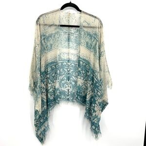 NWT CHASER *Flawed* Cream Blue Silk Boho Kimono Fringe Open Cardigan One Size